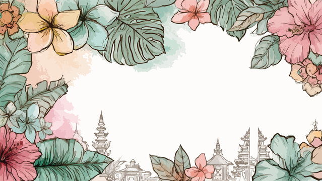 Vintage Floral Vector Border with Hibiscus and Plumera Flowers in Soft Pastel Colors for Wedding and Greeting Card Design