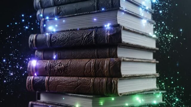 Stack of old leather books with glowing magical particles, knowledge and fantasy concept