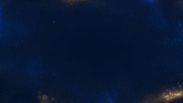 New Year Christmas dark blue abstract background with gold particle flare, glowing frame, starry sky, festive empty copy space and light mood
