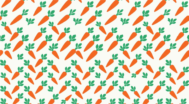 Vibrant orange carrots with green leaves arranged in a seamless pattern on a white background