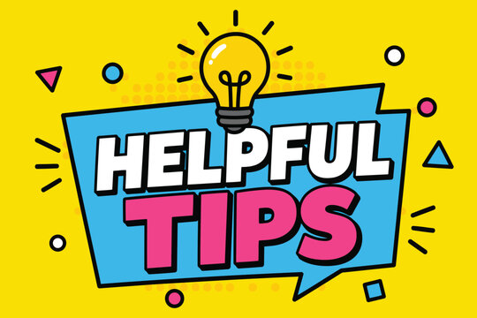 Comic Book Style Helpful Tips Banner with Glowing Lightbulb and Abstract Geometric Shapes on Yellow Background