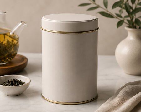 A beige cylindrical tea tin with a gold rim, placed on a white marble surface next to a bowl of loose tea leaves and a glass teapot with tea