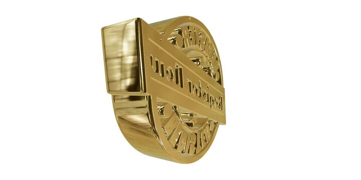 Shiny gold metal circular badge or seal with a diagonal banner ribbon for professional branding design