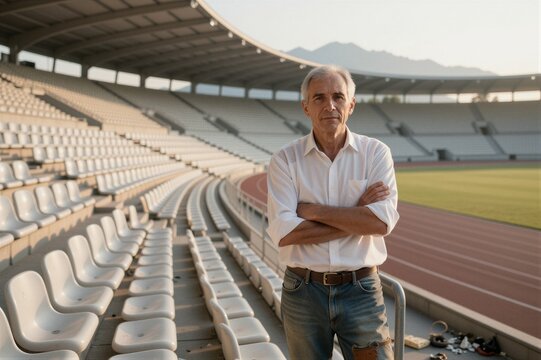 A middle-aged man stands in an empty outdoor stadium, surrounded by mountains under warm golden-hour light, exuding calm contemplation amidst worn denim and leather details.
