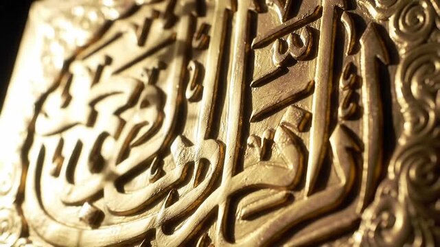 Intricate golden arabic calligraphy carved into a surface, detailed texture, religious or cultural background, shallow depth of field