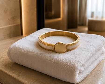 A circular gold and white metal bracelet or napkin ring resting on a folded white cotton towel on a polished stone bathroom vanity counter