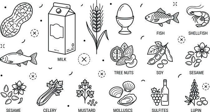 Food allergen and intolerance icons line art set vector illustration for dietary restriction