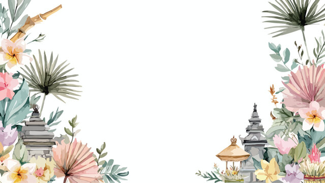 Vector Floral Pattern with Tropical Leaves and Traditional Balinese Elements in Modern Organic Style with Soft Pastel Colors for Elegant Decor