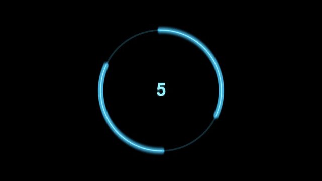 Neon blue circular countdown timer with glowing progress ring for digital interface and motion