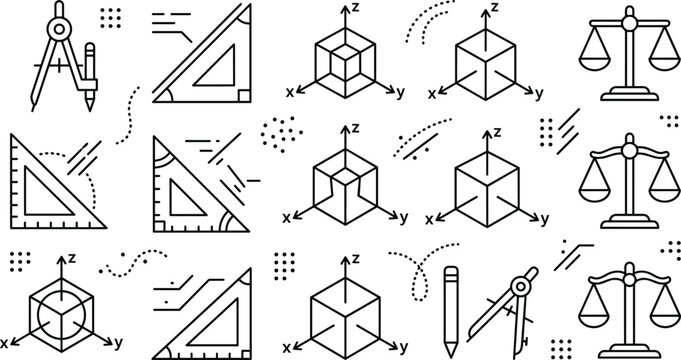 Geometry and math line icon set featuring compass, ruler, 3d grid cube, and balance scale.