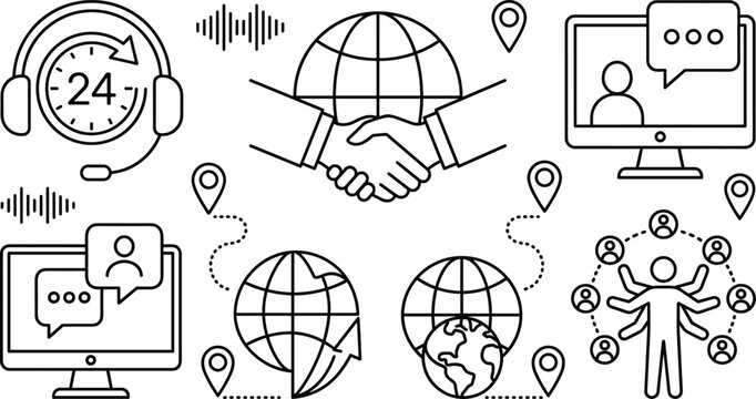 Global business customer support line icons set with handshake remote team network and computer