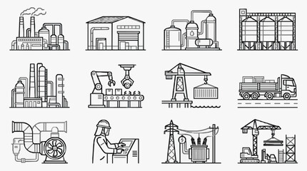 Obraz premium Sleek Black and White Line Art Illustrations of Industrial and Manufacturing Icons Featuring Factories Machinery and Workers