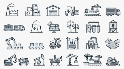 Fototapeta premium Modern Monochrome Line Icons Set Featuring Industrial Manufacturing Energy and Construction Equipment