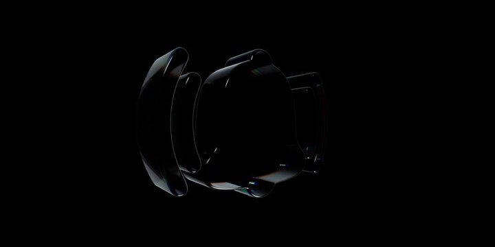 Abstract dark metallic object with shiny edges and cool glowing light reflections on black background