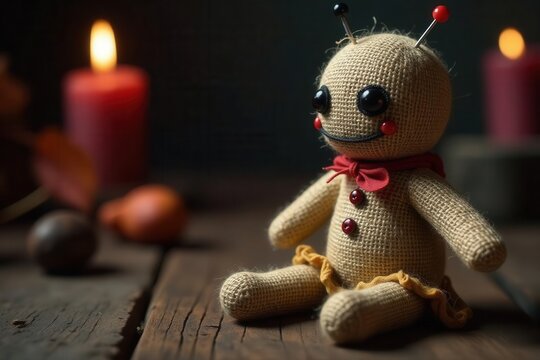 Burlap voodoo doll, pins, candles, wood, dark lighting, magic, eerie, dark art