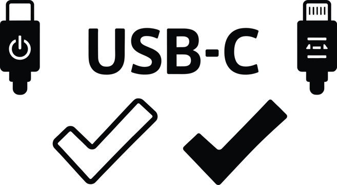 USB C port icon with check mark certified connectivity vector illustration