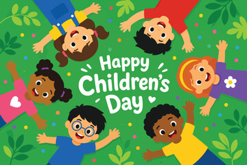 Fototapeta premium Multiracial group of happy children lying in a circle on green grass background for International Childrens Day celebration banner