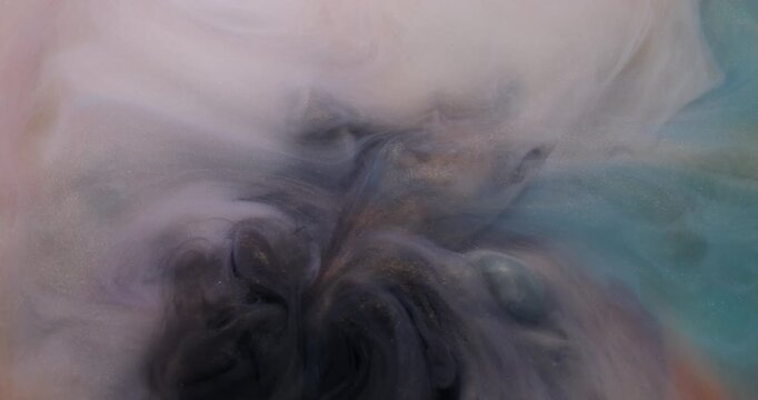 Mist ink. Magic fume. Contrast pigment mix sparkling white fluid defocused background. Black dye explosion colorful art shiny haze.