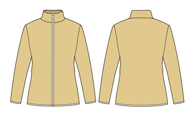 Female fleece jacket front and back view flat drawing vector design mockup template. © Apparel Design