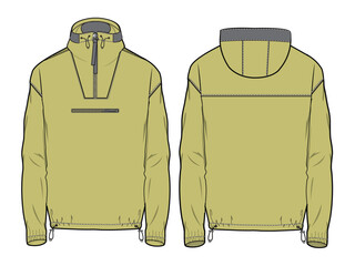 Waterproof  anorak jacket front and back view flat sketch vector mockup template. © Apparel Design