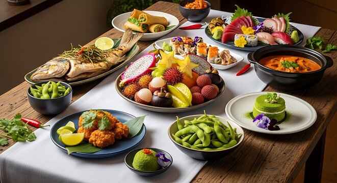 Variety of healthy food on a wooden table with a white tablecloth