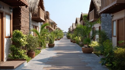 Fototapeta premium Tranquil Pathway through Tropical Resort with Lush Greenery and Cozy Bungalows under Bright Blue Sky