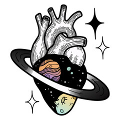  A surreal illustration of a human heart with anatomical detail, integrated into a Saturn-like planet with a black ring and colorful, pastel-colored moons © Erkan