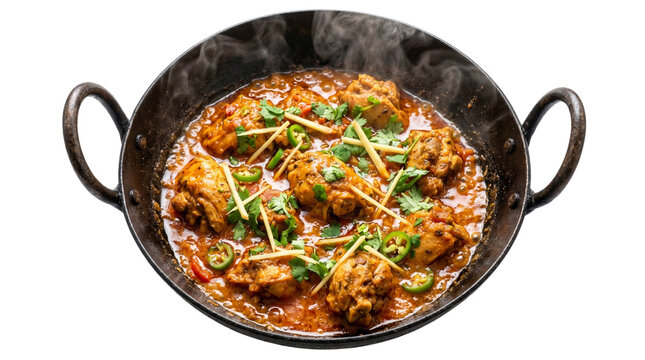Authentic chicken karahi in traditional iron wok, spicy indian chicken curry with ginger and cilantro, steaming hot pakistani balti dish isolated PNG with Transparent Background