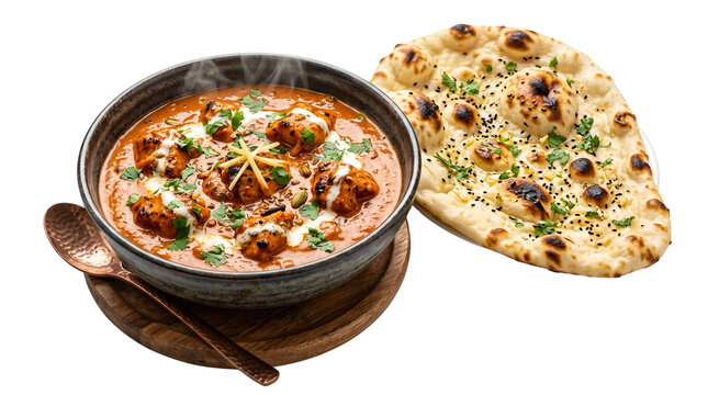 Authentic Indian butter chicken curry in ceramic bowl, spicy tikka masala with cream and herbs, fresh garlic naan bread with charred texture isolated PNG with Transparent Background