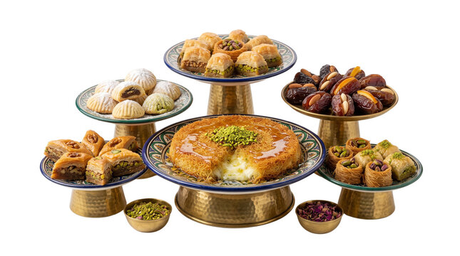 Traditional Arabic sweets assortment with kunafa and baklava, Middle Eastern dessert platter on golden stands, Ramadan festive food celebration isolated PNG with Transparent Background