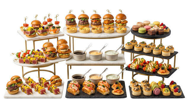 Gourmet catering appetizers and finger food collection, elegant party snacks on marble stands, luxury buffet selection with sliders and desserts isolated PNG with Transparent Background
