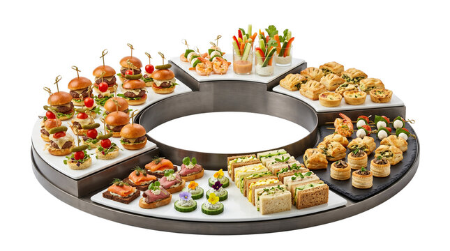 Gourmet catering appetizers on circular display, elegant party finger food selection, assorted mini sliders and savory snacks for events isolated PNG with Transparent Background