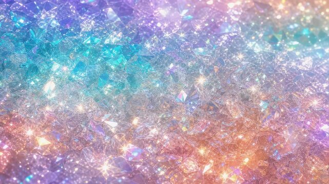 Close-up of colorful sparkling crystals with a rainbow gradient background