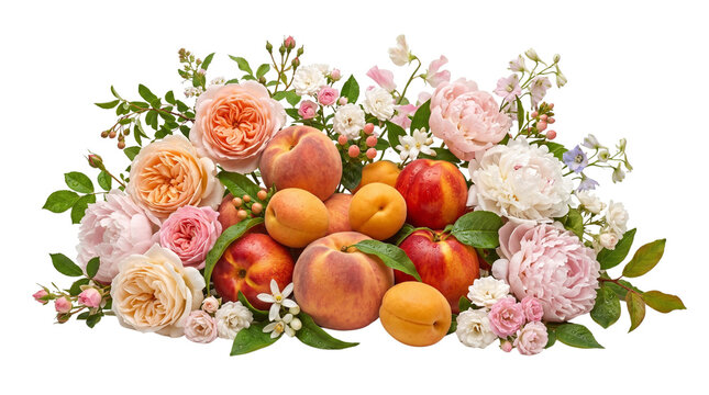 Elegant floral arrangement with peaches and roses, summer harvest fruit and flower bouquet, romantic pastel peach and pink botanical centerpiece isolated PNG with Transparent Background