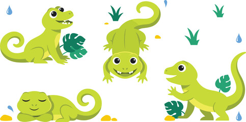 Naklejka premium Cute Cartoon Lizard Gecko and Chameleon Mascot Character Vector Sticker Set Featuring Activities Like Crawling Sleeping and Playing with Monstera Leaves