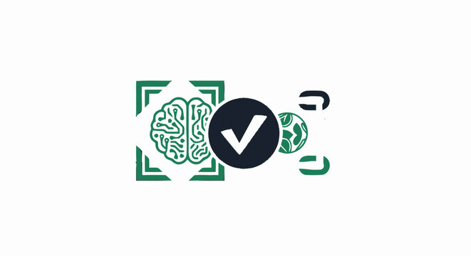 Artificial intelligence brain icon with check mark for verified machine learning technology and neural network processing.
