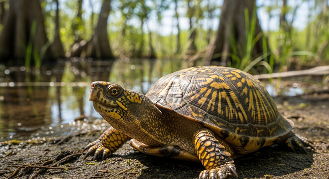 Box turtle resting on the muddy bank of a swampy forest in natural light