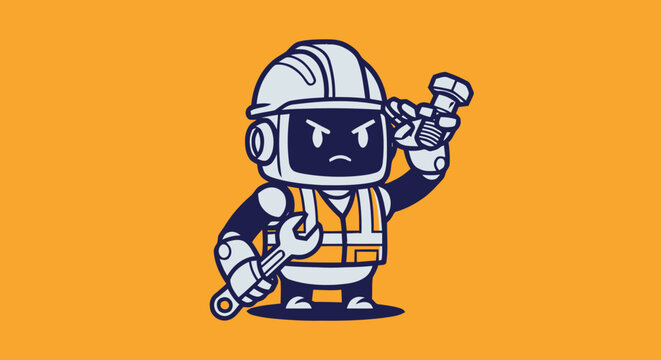 Cartoon robot construction worker character wearing hard hat and safety vest holding wrench and bolt.