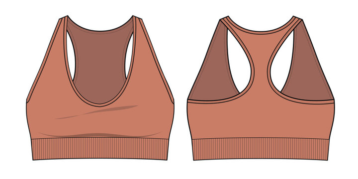 Sports bra front and back view technical flat drawing vector mockup illustration.