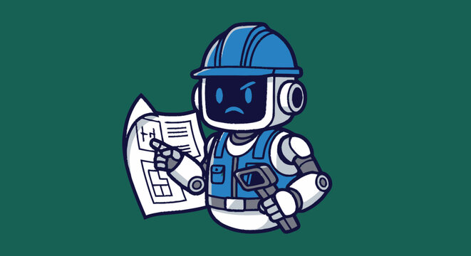 Cartoon robot construction worker wearing blue hard hat and safety vest holding architectural blueprints and tools.