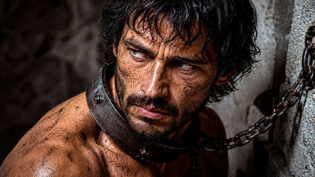 Close up portrait of a rugged male prisoner in chains. Dirty man wearing a heavy metal collar in a dark dungeon. Historical captivity concept