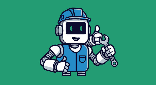 Cartoon robot construction worker holding a wrench and giving a thumbs up.