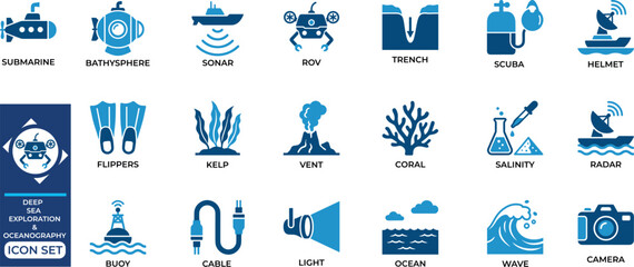 Deep sea exploration and oceanography icon set featuring submarine bathysphere sonar remote vehicles trench research tools. © B o W Graphics
