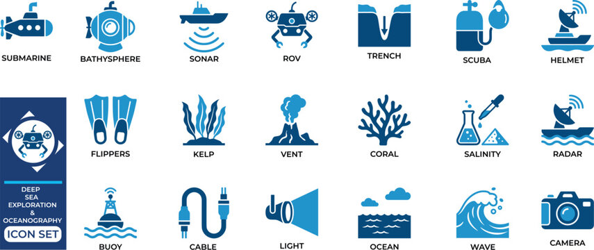 Deep sea exploration and oceanography icon set featuring submarine bathysphere sonar remote vehicles trench research tools.