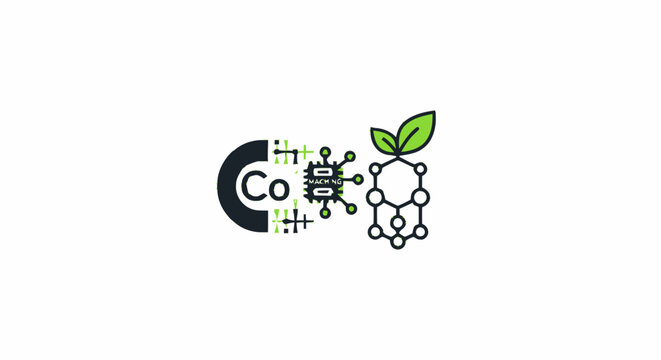 Cobalt chemical element symbol with green leaf and molecular structure icon.