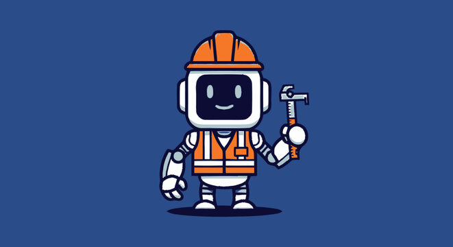 Cute cartoon robot character wearing a construction hard hat and safety vest holding a wrench.