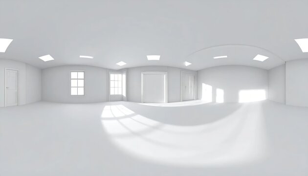 Empty White Room 360 Panorama with Natural Light and Windows.