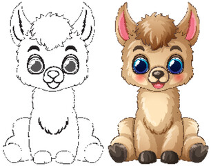 Fototapeta premium Cute Cartoon Baby Llama Vector Illustration with Line Art Version