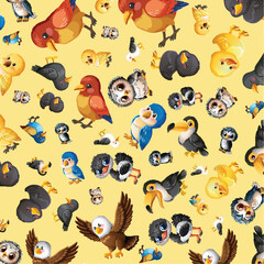 Fototapeta premium Seamless Vector Pattern of Cute Cartoon Birds on Yellow Background