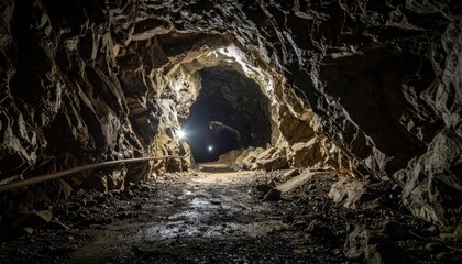 Naklejka premium Illuminated Cave Interior with Rocky Formations and Path.